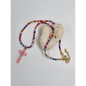 Pink Cross Necklace Pendant Beaded Adjustable Chain Dainty for Child or Adult